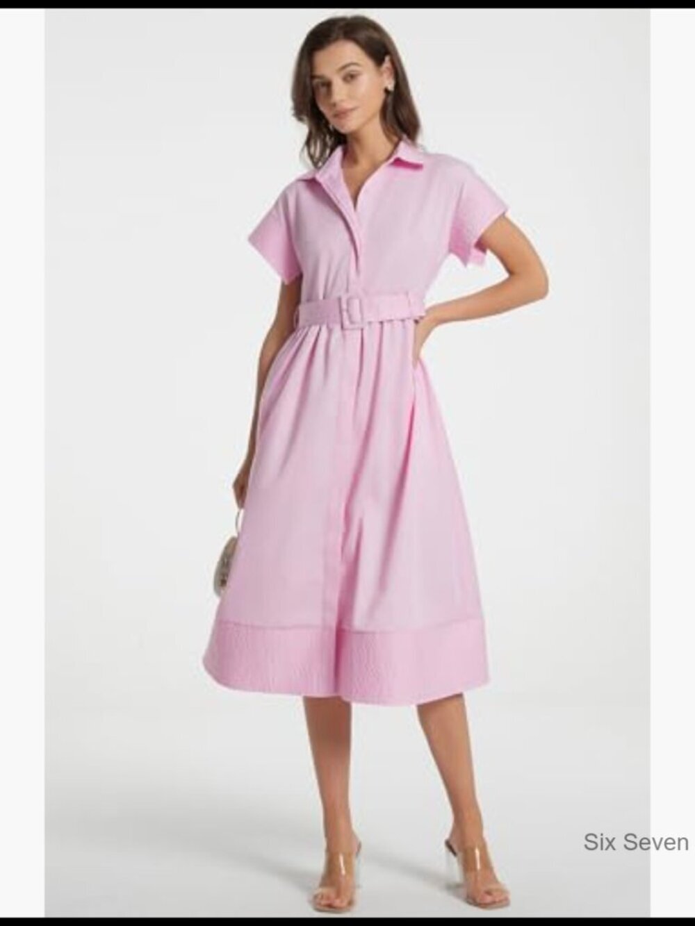 Polyester Cotton Button Down Shirt Dress with Belt Casual Midi Dress - Picture 6 of 7
